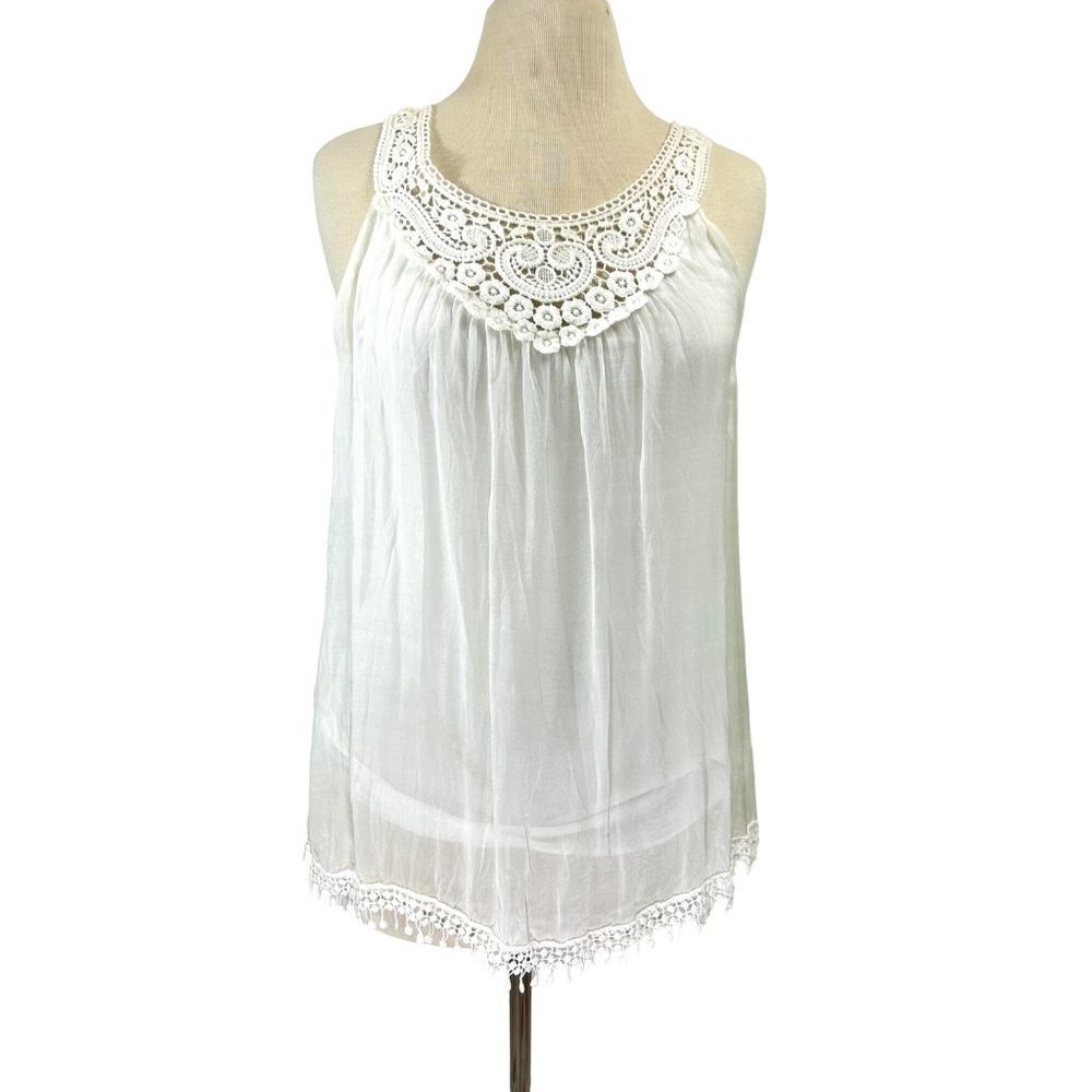 Via Signoria Womens Silk Blouse Medium Ivory Sleeveless Crochet Soft Chiffon